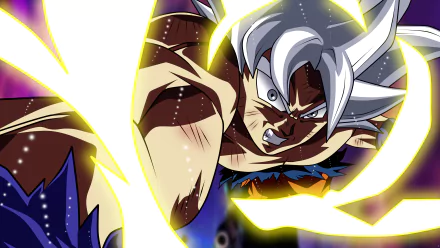 HD desktop wallpaper featuring Goku in Ultra Instinct form from Dragon Ball Super. The image showcases Goku in an intense battle pose, surrounded by a glowing aura.
