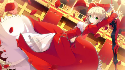 Anime-style woman warrior with green eyes and blonde hair in a flowing red dress, wielding a sword, inspired by Saber from Fate/Extra Last Encore, in vibrant 4K detail.