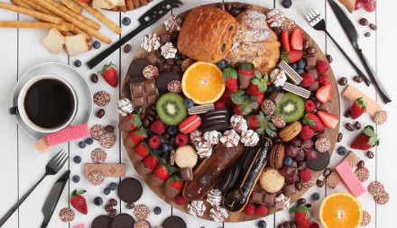 HD desktop wallpaper featuring a still life of viennoiserie, éclair, chocolate, fresh strawberries, kiwi, orange slices, assorted sweets, and a cup of coffee.