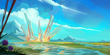 HD desktop wallpaper featuring a fantasy landscape with giant crystals emerging from a serene, nature-filled environment under a clear blue sky.