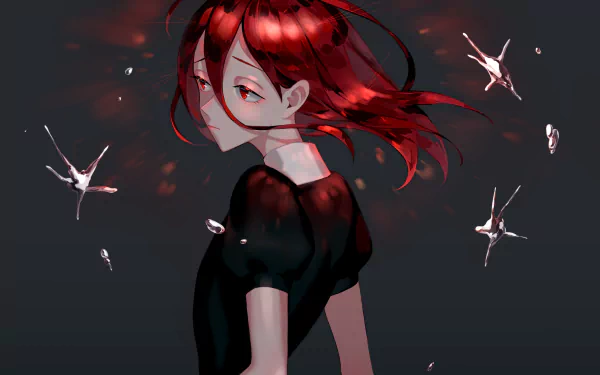 HD PC wallpaper featuring Cinnabar from the anime Land of the Lustrous, with vivid red hair and dark attire against a muted background.