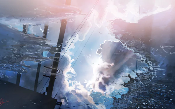 HD anime desktop wallpaper showing sun and clouds reflected in a puddle, blending original artwork with serene natural elements.