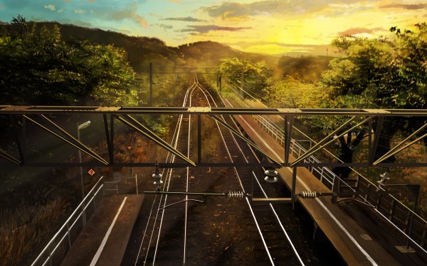 Anime Original Sunset Nature Railroad Train Station HD Wallpaper | Background Image