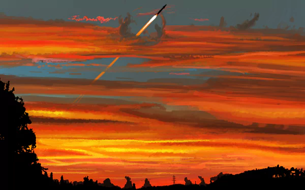 Anime-style 4K Ultra HD desktop wallpaper depicting a missile soaring through a vibrant orange and red sky filled with clouds at sunset.