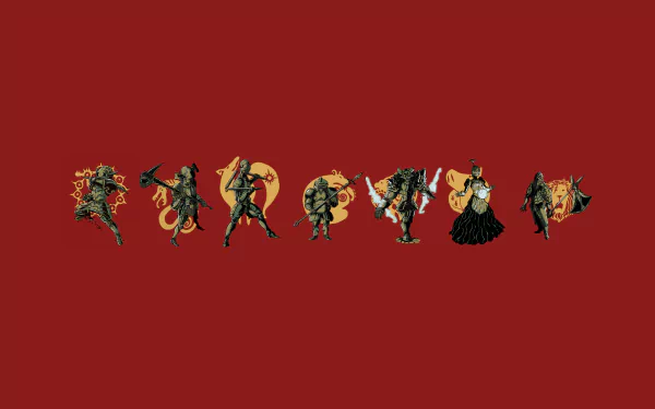 Seven characters from The Seven Deadly Sins anime pose on a red background. HD desktop wallpaper.
