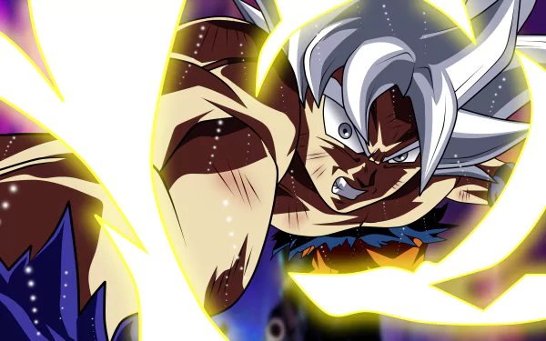 HD desktop wallpaper featuring Goku in Ultra Instinct form from Dragon Ball Super. The image showcases Goku in an intense battle pose, surrounded by a glowing aura.