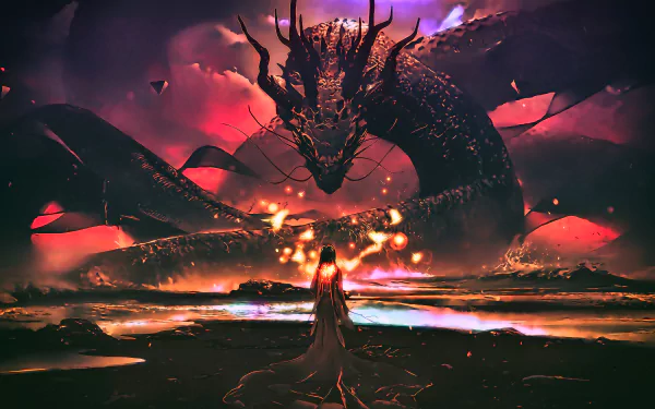 A fierce dragon looms over a lone figure in a dark, fiery fantasy scene, captured in stunning 4K Ultra HD for a PC desktop wallpaper.
