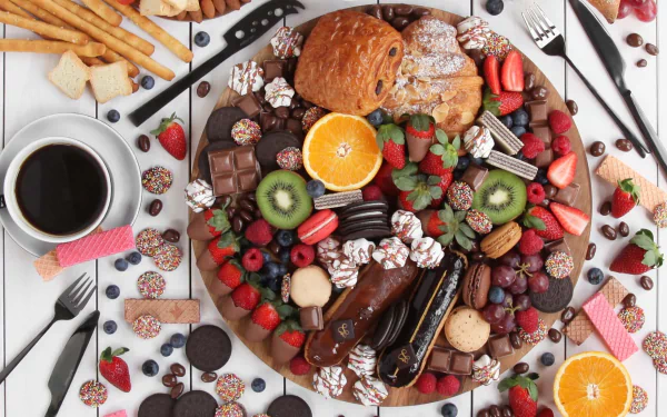 HD desktop wallpaper featuring a still life of viennoiserie, éclair, chocolate, fresh strawberries, kiwi, orange slices, assorted sweets, and a cup of coffee.