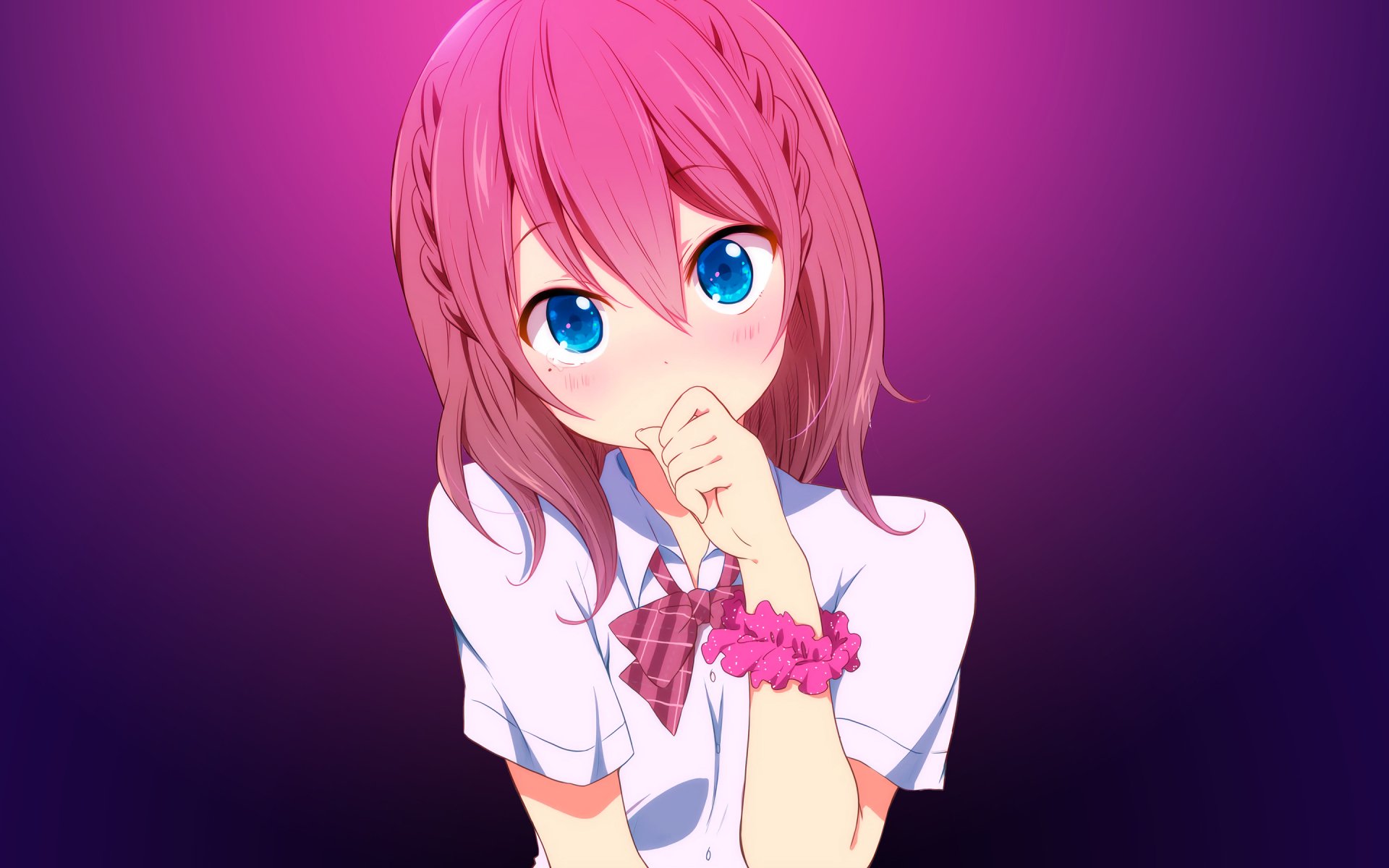 HD desktop wallpaper featuring an original anime character with short pink hair and blue eyes, set against a vibrant purple background. The character is wearing a white shirt with a plaid bow and a pink bracelet.