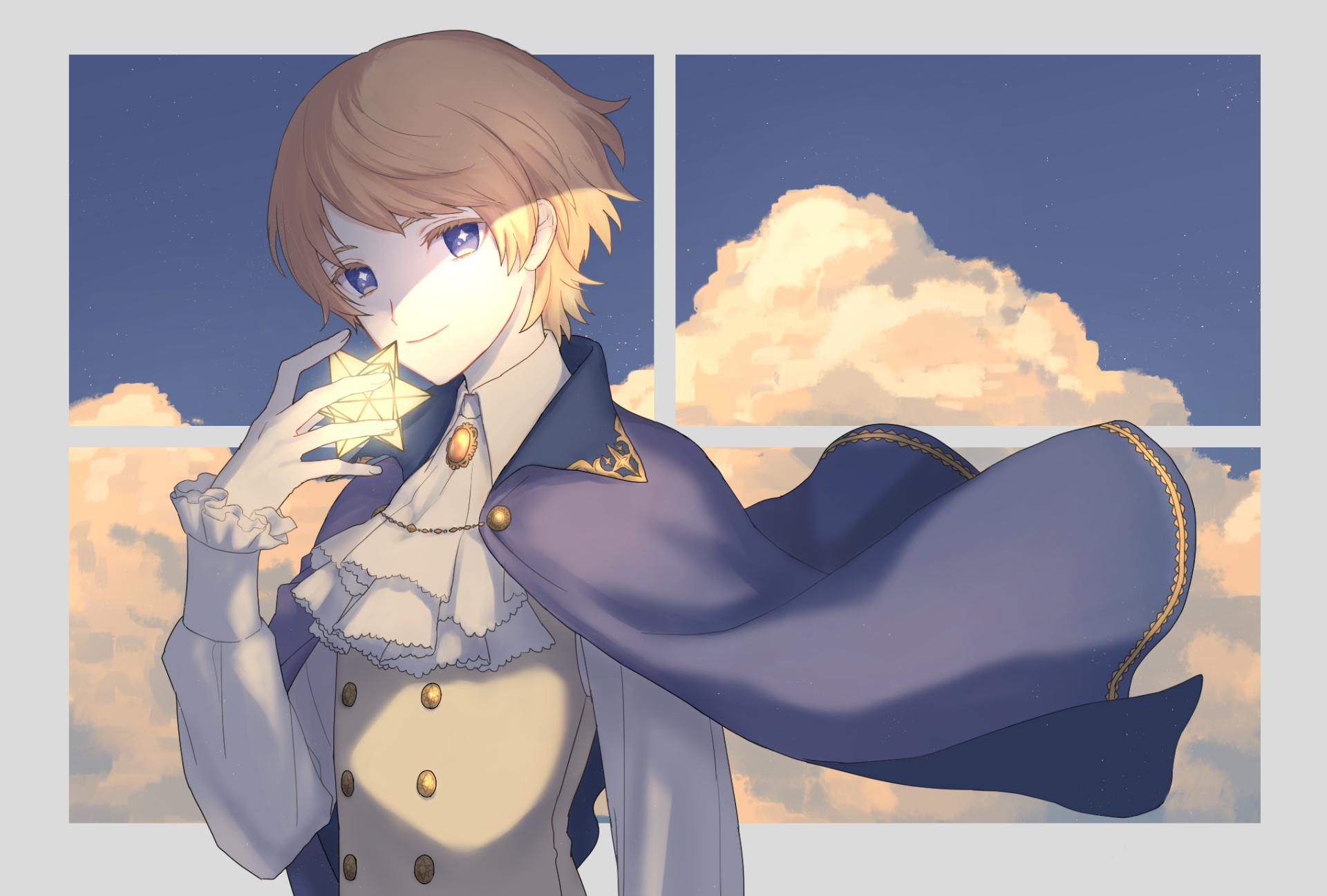 Anime original HD desktop wallpaper of a smiling short-haired blonde with blue eyes holding a glowing star, wearing a flowing cape against a clouded sky.