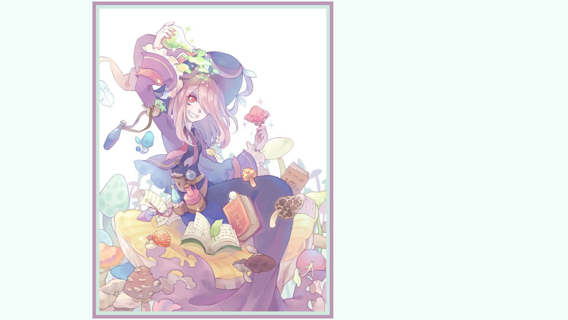 HD PC desktop wallpaper of Sucy Manbavaran from Little Witch Academia — pastel anime illustration of her sitting among mushrooms, potions, and spellbooks.