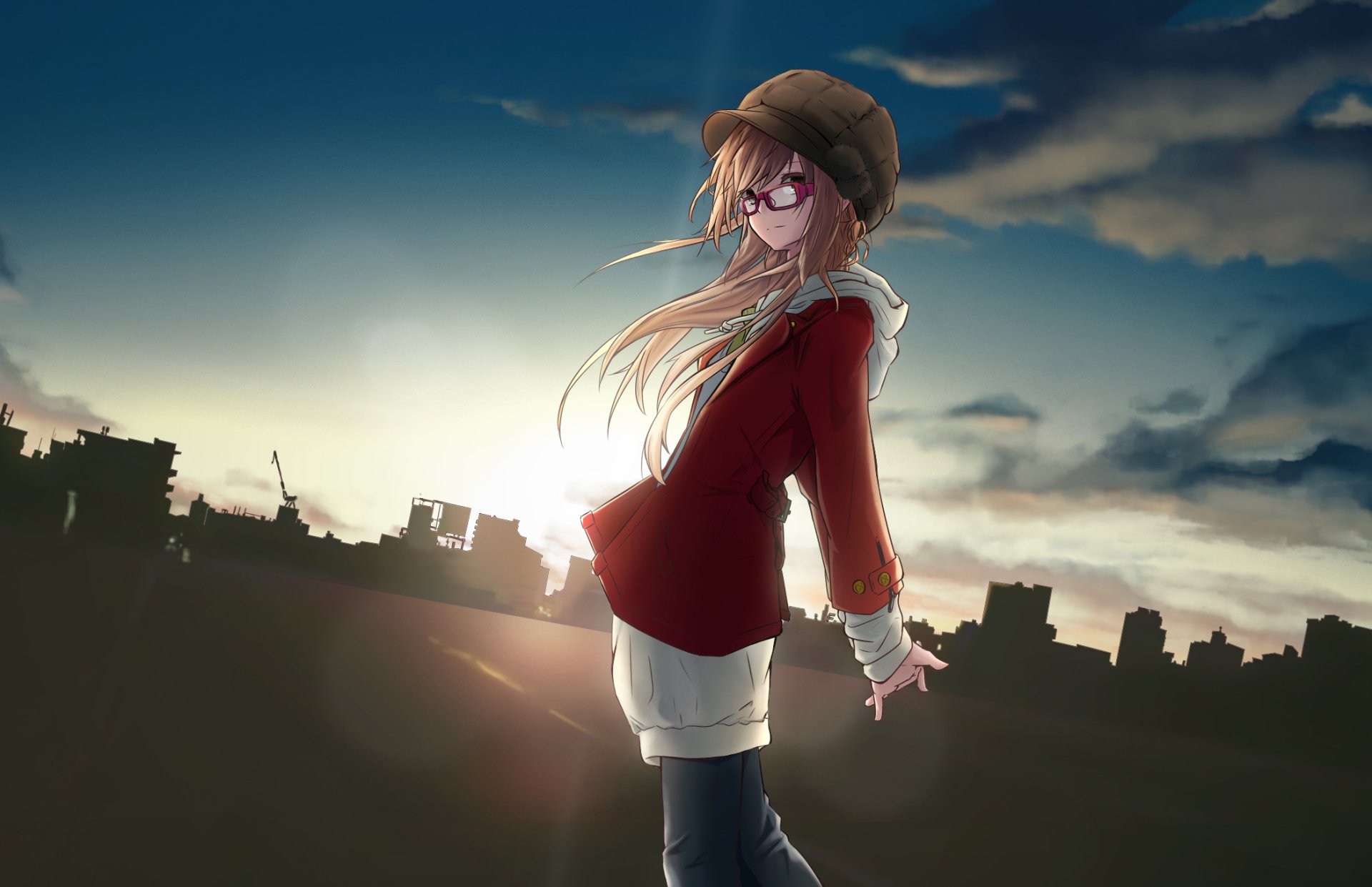 Anime original HD desktop wallpaper featuring a girl with long hair and glasses standing against a sunset city skyline.