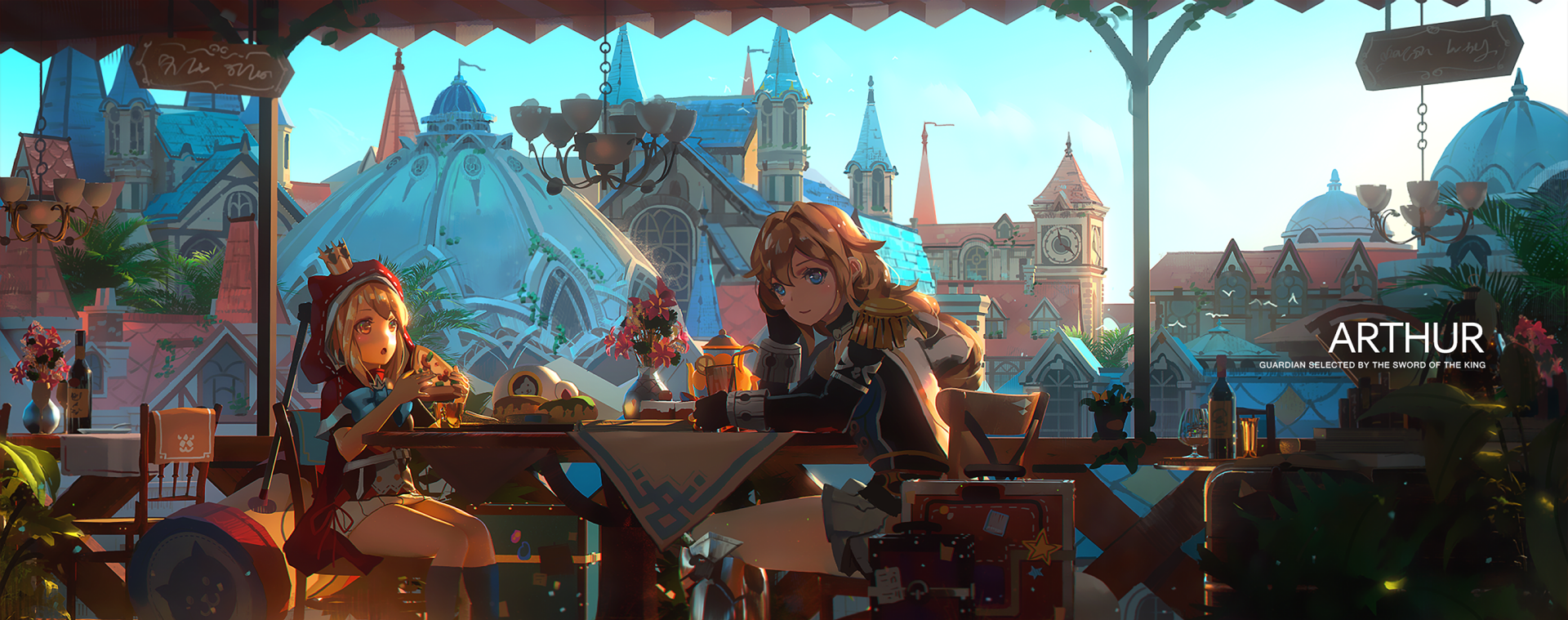 HD desktop wallpaper for the video game Kaku-San-Sei Million Arthur, featuring detailed artwork of two characters sitting at an outdoor café with a picturesque backdrop of medieval-style buildings.