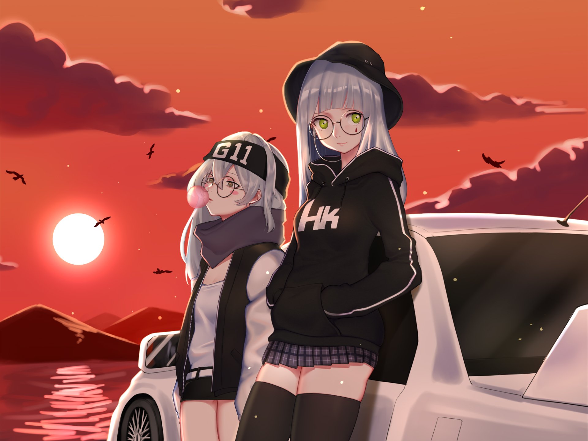HD Girls Frontline PC wallpaper featuring characters G11 and HK416 against a dramatic red sunset sky with birds and a car in the background.