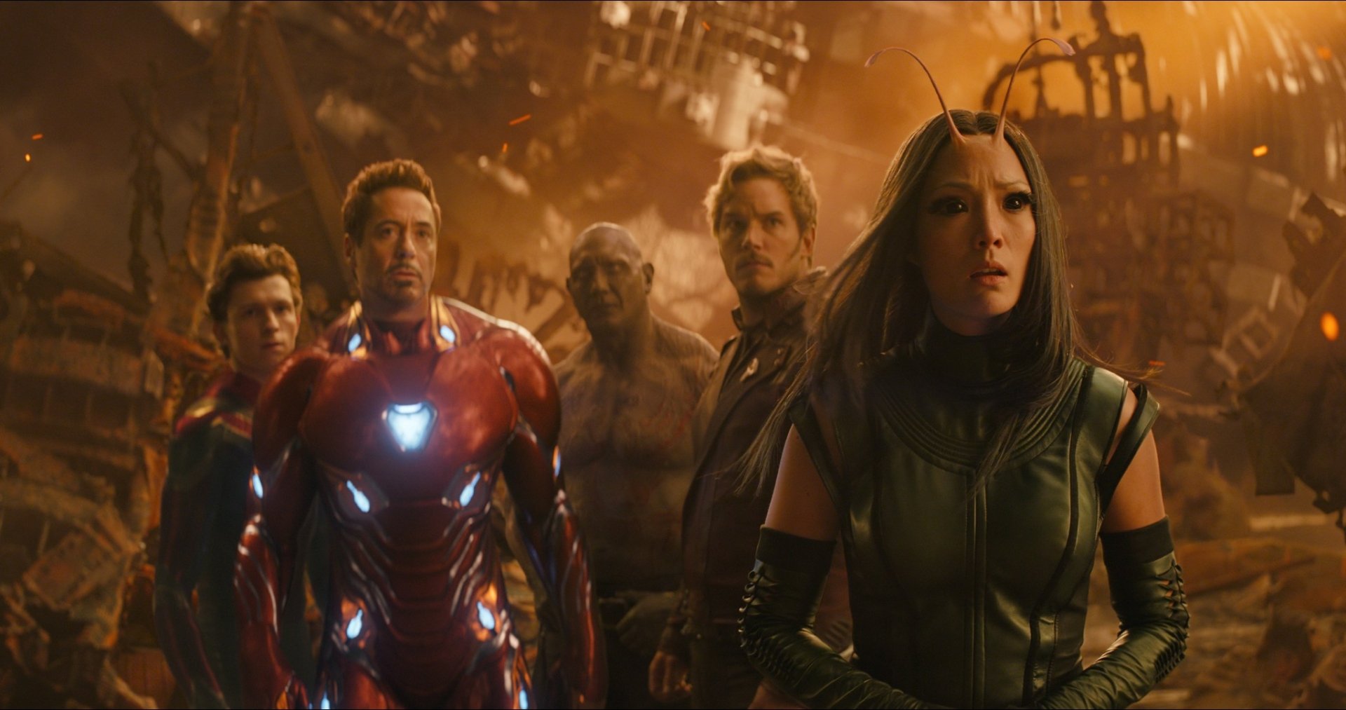 HD desktop wallpaper featuring Pom Klementieff as Mantis, Chris Pratt as Star-Lord, Dave Bautista as Drax, Robert Downey Jr. as Iron Man, and Tom Holland as Spider-Man from Avengers: Infinity War.