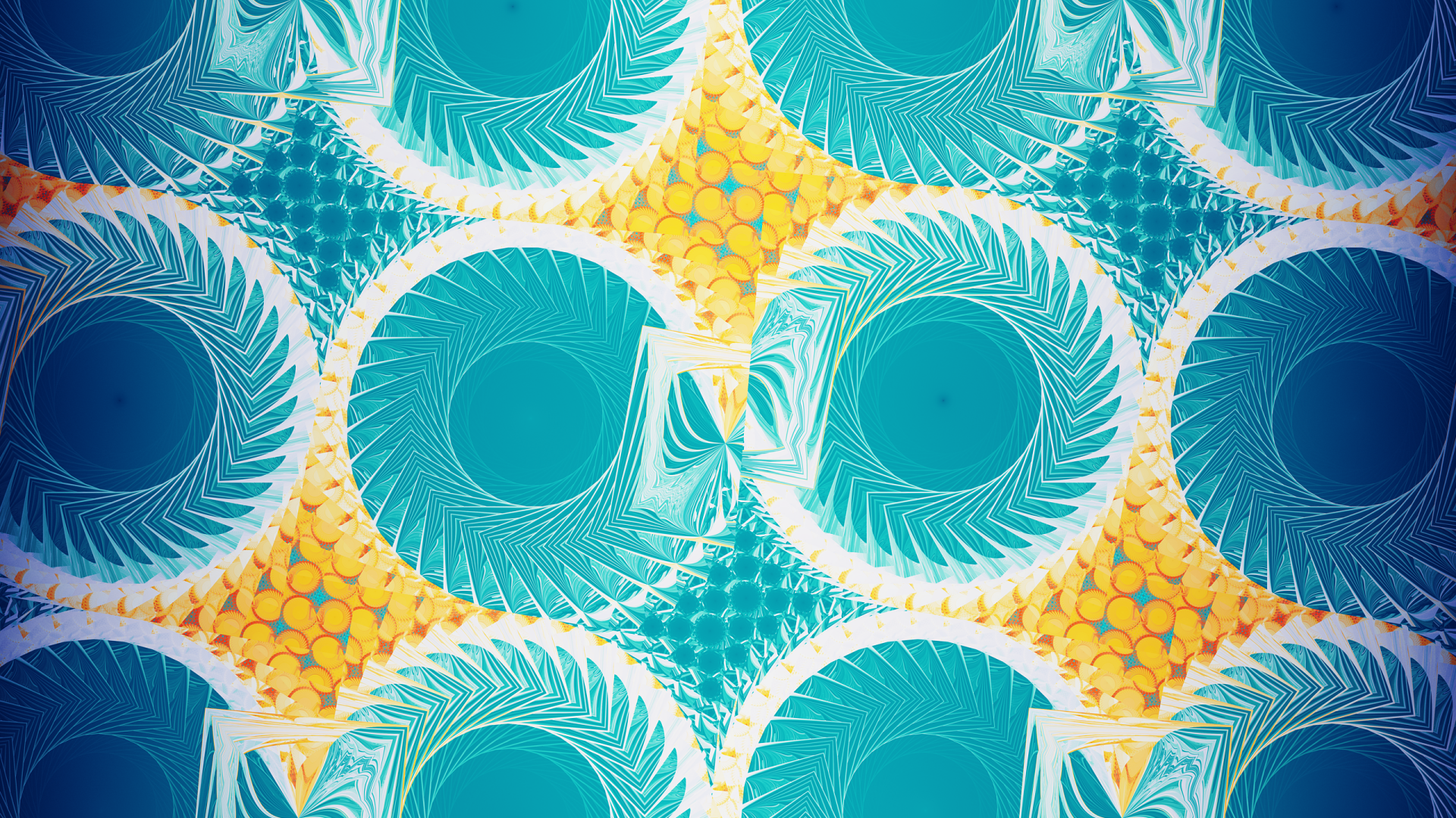Abstract blue fractal pattern of overlapping circular spirals with yellow honeycomb accents — 2K Quad HD PC desktop wallpaper/background.