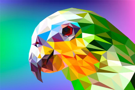 Abstract low-poly parrot in colorful polygon facets with neon gradient — 2K Quad HD PC desktop wallpaper and background.