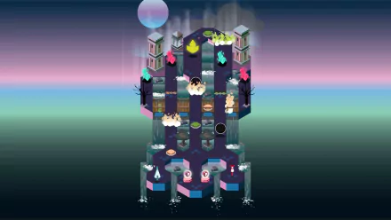 HD desktop wallpaper featuring a stylized scene from Umiro with characters and colorful geometric shapes on a gradient background.