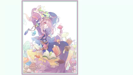 HD PC desktop wallpaper of Sucy Manbavaran from Little Witch Academia — pastel anime illustration of her sitting among mushrooms, potions, and spellbooks.