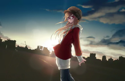 Anime original HD desktop wallpaper featuring a girl with long hair and glasses standing against a sunset city skyline.