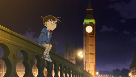 HD PC desktop wallpaper featuring Conan Edogawa from the anime Detective Conan, sitting on a bridge railing with London's Big Ben illuminated at night.