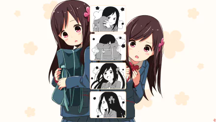 HD desktop wallpaper featuring characters from the anime Hitoribocchi no ○○ Seikatsu. The image showcases two anime girls with expressions of shyness, along with manga-style panels depicting similar scenes.