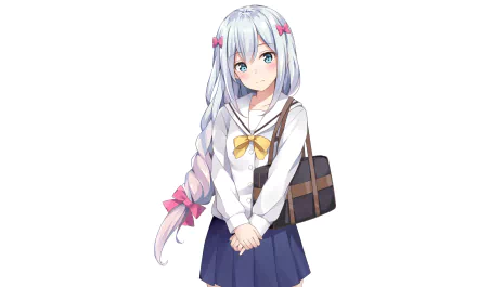 HD desktop wallpaper featuring Sagiri Izumi from the anime EroManga-Sensei. She wears a school uniform with a yellow bow and carries a bag, positioned against a plain background.