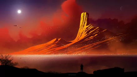 HD fantasy landscape wallpaper with a towering, illuminated mountain standing against a vibrant, colorful sky, and a lake reflecting its glow. A lone figure stands in the foreground.