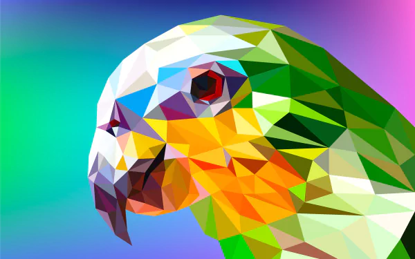 Abstract low-poly parrot in colorful polygon facets with neon gradient — 2K Quad HD PC desktop wallpaper and background.