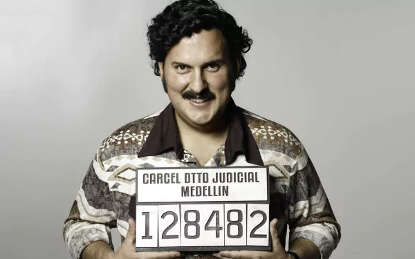 HD PC wallpaper of Pablo Escobar from the TV show Pablo Escobar, The Drug Lord, featuring his mugshot holding a prison identification placard.