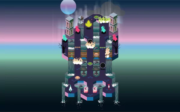 HD desktop wallpaper featuring a stylized scene from Umiro with characters and colorful geometric shapes on a gradient background.