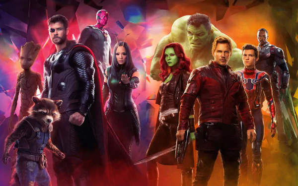HD PC desktop wallpaper featuring key Avengers: Infinity War characters including Thor, Gamora, Hulk, Star-Lord, and others in a dynamic, colorful composition.