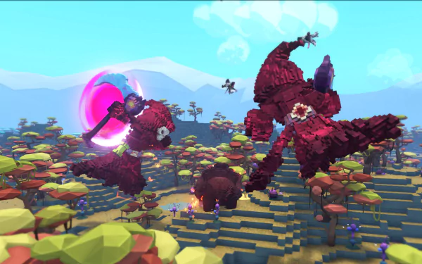 HD desktop wallpaper of PixARK featuring voxel-based creatures and a fantasy landscape.