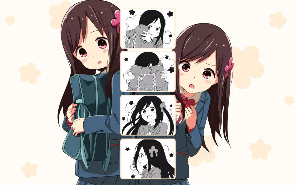 HD desktop wallpaper featuring characters from the anime Hitoribocchi no ○○ Seikatsu. The image showcases two anime girls with expressions of shyness, along with manga-style panels depicting similar scenes.
