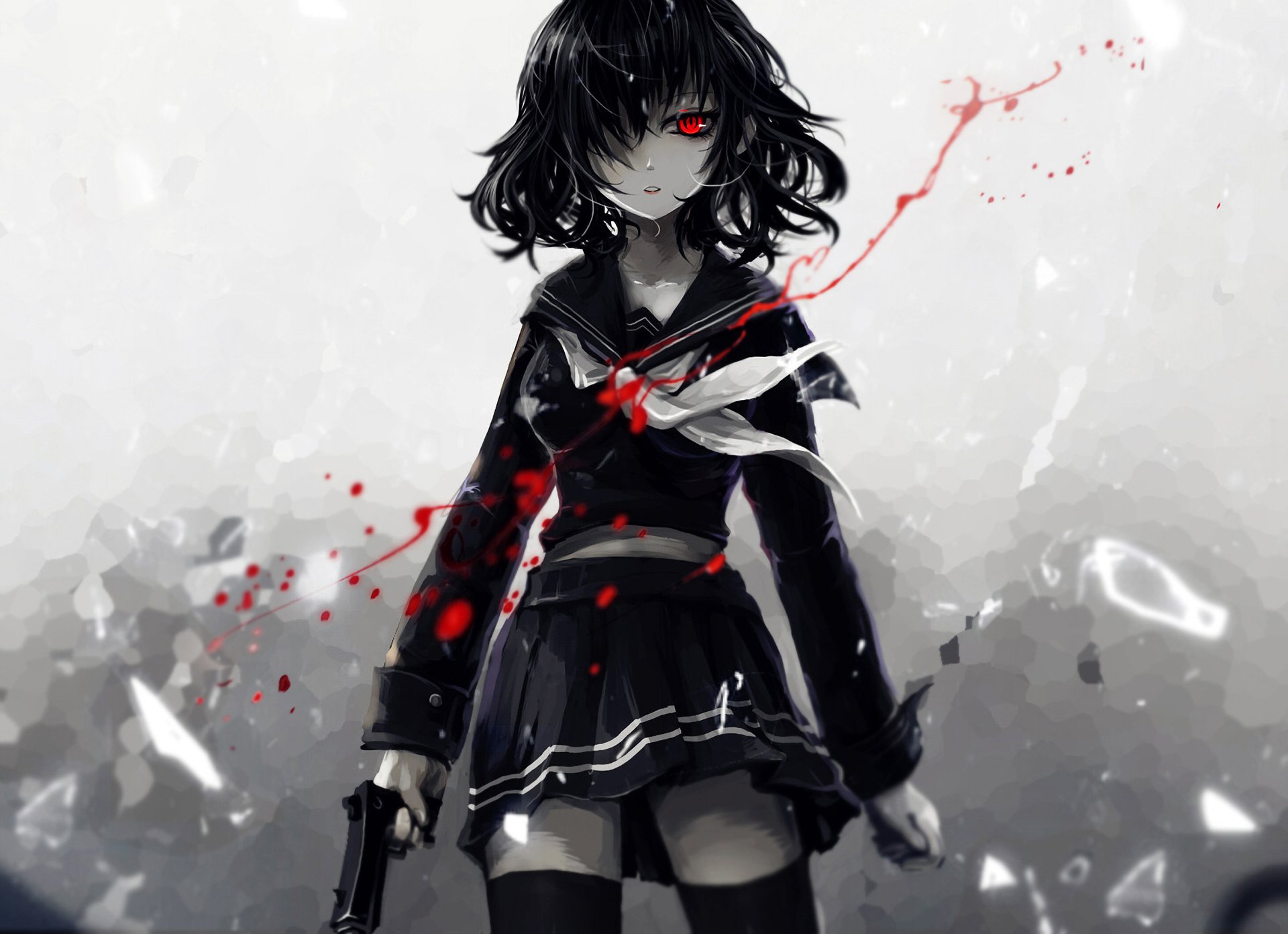 Anime-style character in a black school uniform with red eyes, standing against a gray background, holding a gun. The image is an HD original desktop wallpaper.