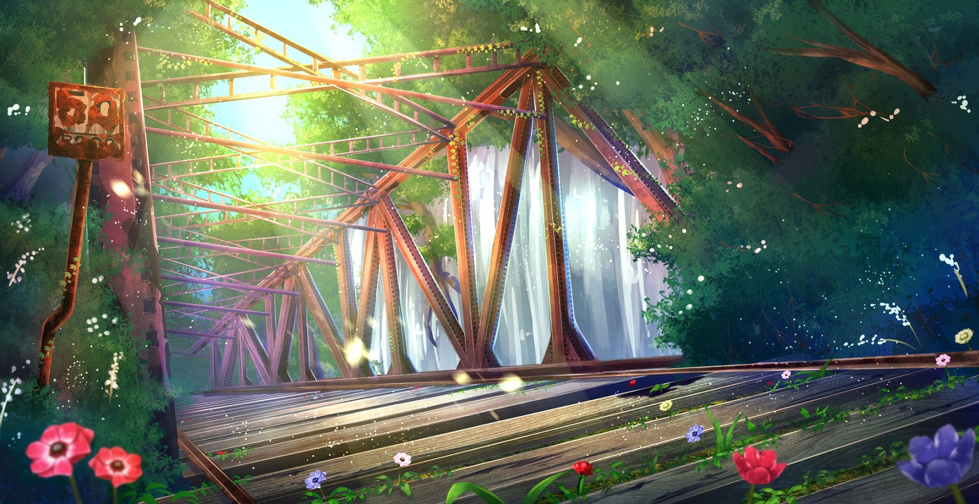 HD anime original artwork of a sunlit metal bridge surrounded by lush greenery and colorful flowers, designed as a vibrant PC desktop wallpaper and background.