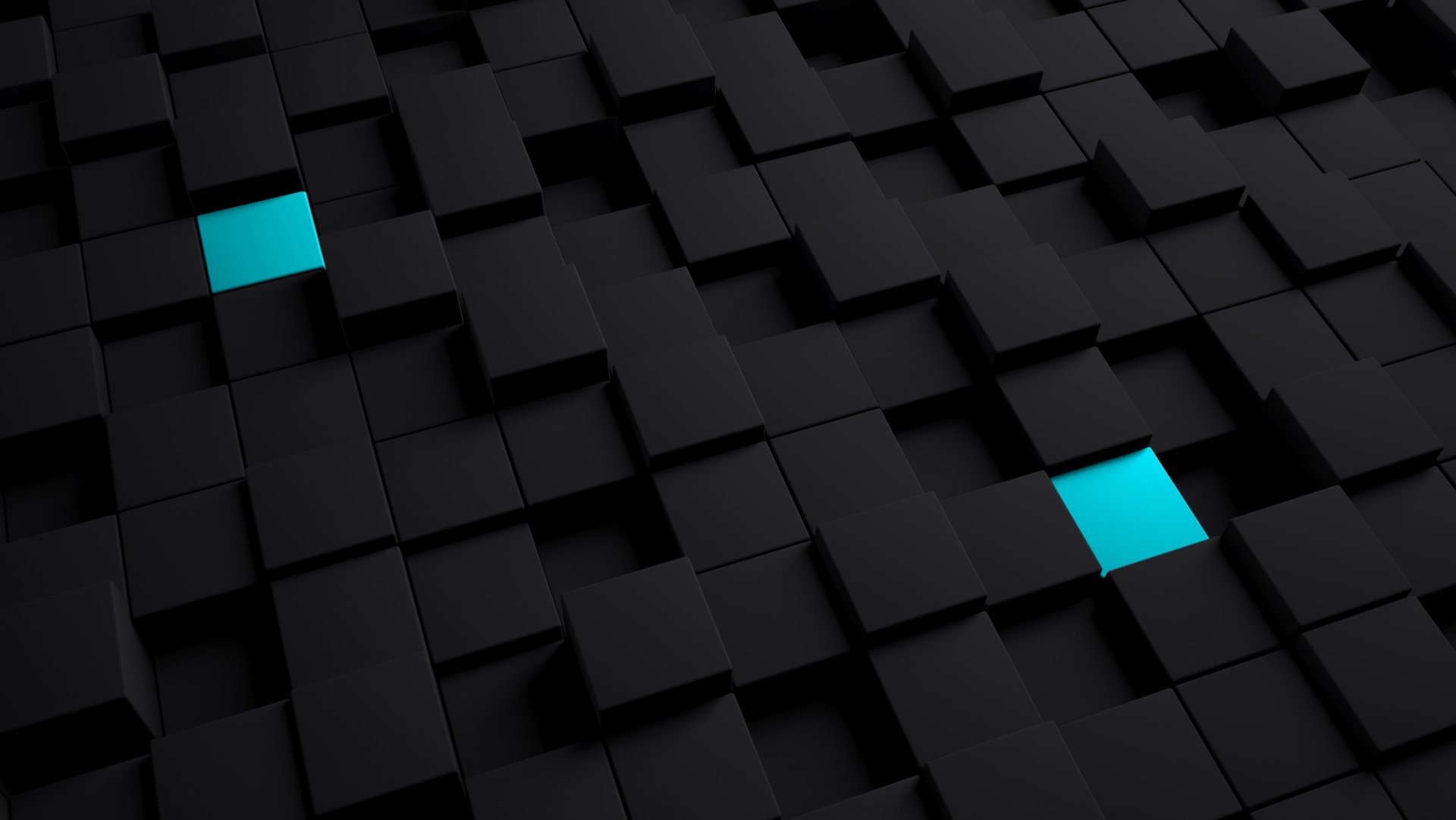 Black 3D abstract cube grid with two glowing cyan tiles, rendered as a 2K Quad HD PC desktop wallpaper and background.