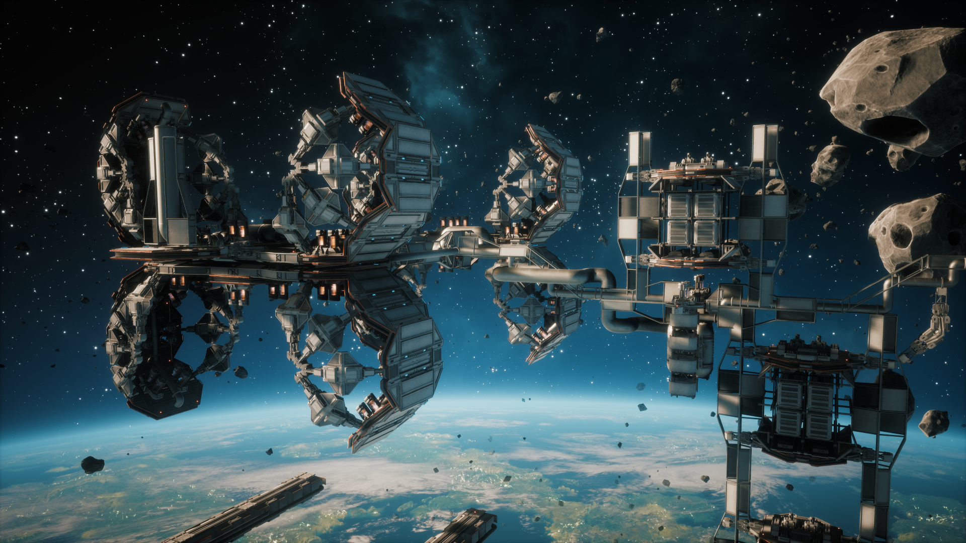 HD Everspace-themed desktop wallpaper depicting a detailed space station with asteroids and a planet backdrop.