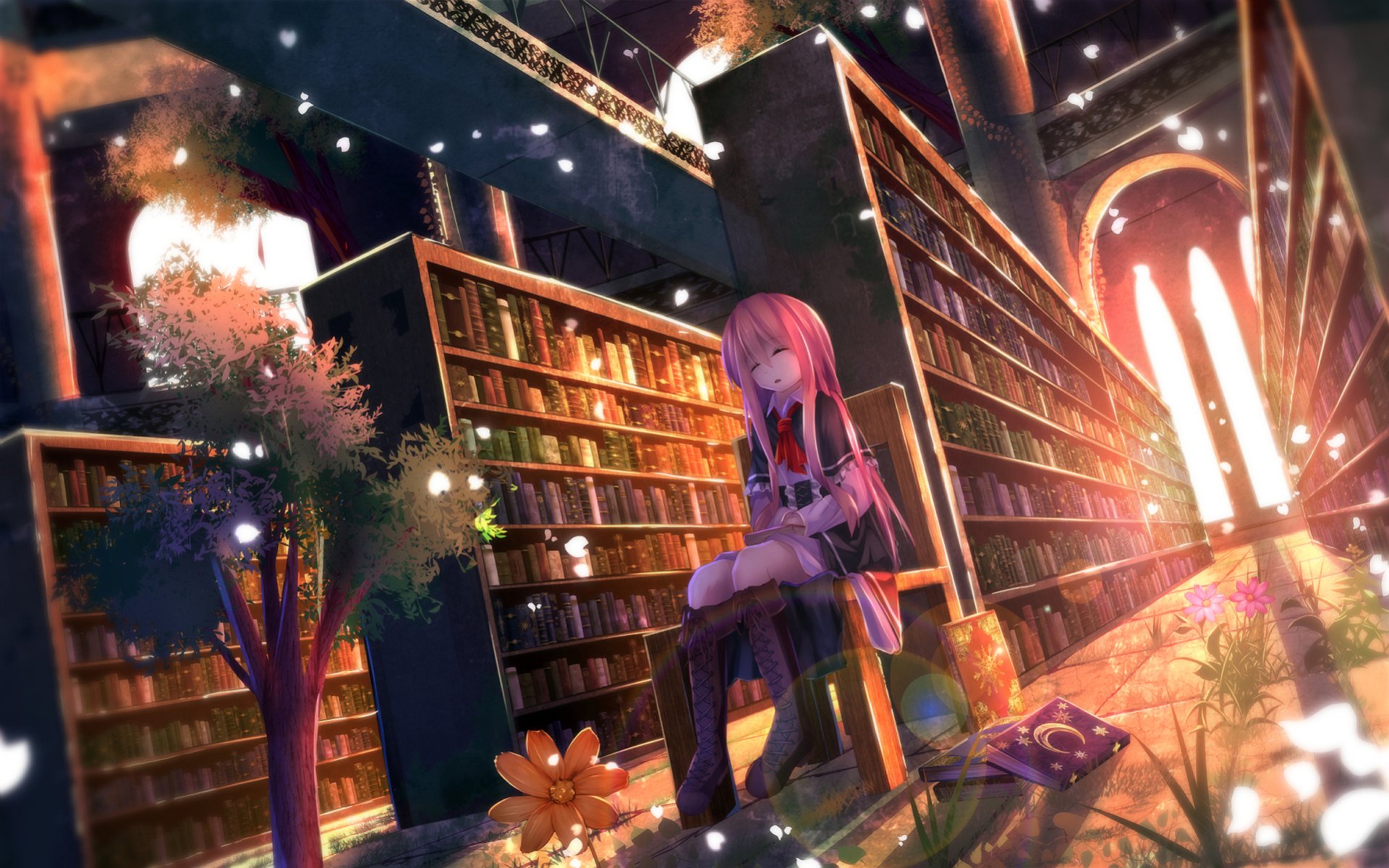 HD anime desktop wallpaper featuring a pink-haired character sitting thoughtfully in a glowing, spacious library filled with tall bookshelves and warm light.