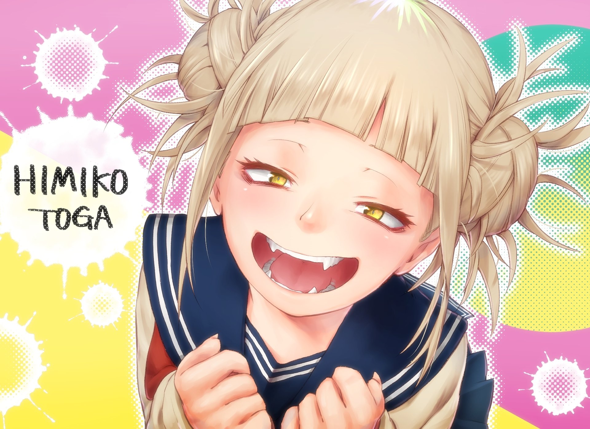 HD anime wallpaper featuring Himiko Toga from My Hero Academia, showcasing her mischievous smile and playful expression against a colorful background.