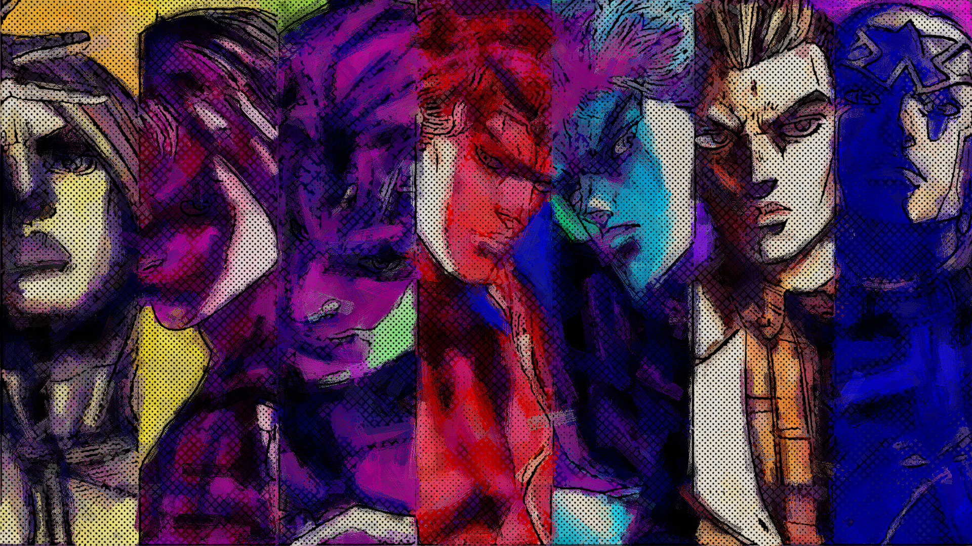 Vibrant HD JoJo's Bizarre Adventure desktop wallpaper with stylized portraits of Kosaku Kawajiri, Enrico Pucci, Yoshikage Kira, Kars, Dio Brando, Diavolo and Funny Valentine.