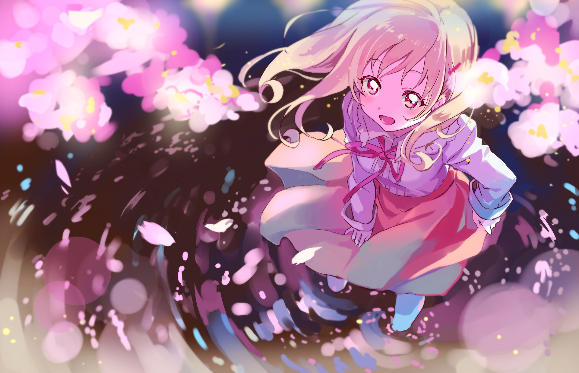 HD anime desktoп wallpаper featuring an original character with blonde hair amidst blooming pink flowers, set against a mystical background.