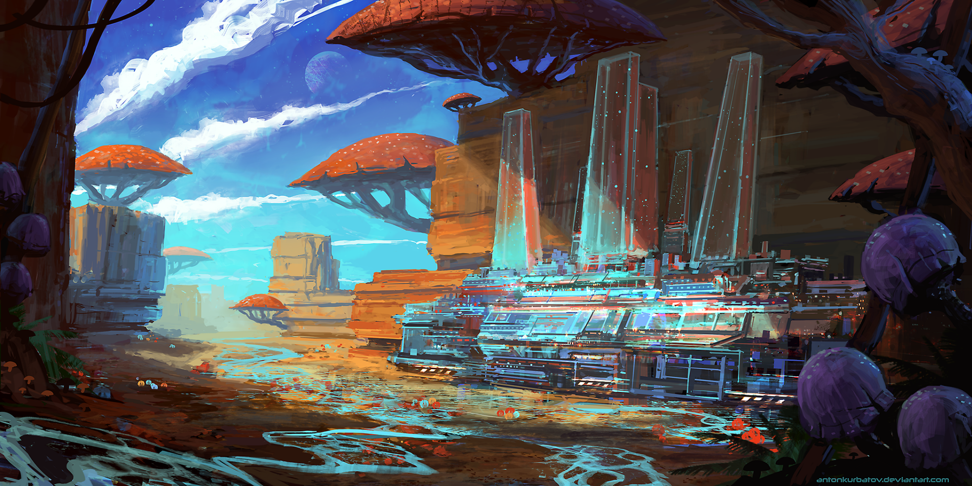 HD PC desktop wallpaper featuring a Sci-Fi landscape with futuristic buildings beside a river, surrounded by unusual tree formations under a vivid sky.