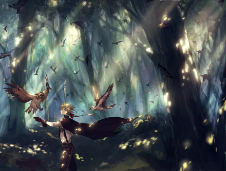 A stunning HD desktop wallpaper depicts an anime scene of a forest bathed in light, with a figure surrounded by birds amidst the trees, evoking a serene connection with nature.