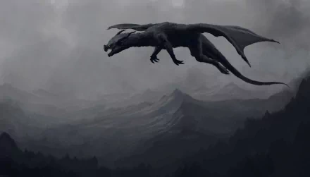 HD fantasy desktop wallpaper depicting a dark dragon flying over misty, rugged mountain peaks in a dramatic, cloudy sky background.