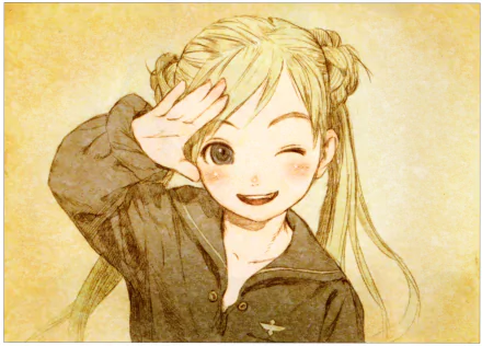 Anime-style illustration of a cheerful girl from Last Exile, winking and saluting, featured as a vibrant HD PC desktop wallpaper and background.