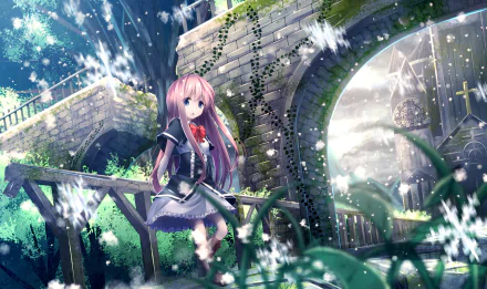 HD anime desktop wallpaper featuring a pink-haired character standing by a stone bridge in a snowy, lush green setting with soft light filtering through.