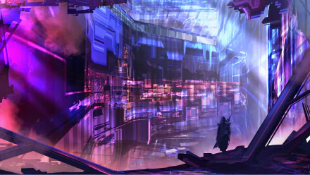 HD desktop wallpaper background featuring a futuristic cyberpunk cityscape with vibrant neon lights, towering structures, and a lone silhouetted figure standing in the foreground, amidst a blend of blues and purples.
