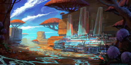 HD PC desktop wallpaper featuring a Sci-Fi landscape with futuristic buildings beside a river, surrounded by unusual tree formations under a vivid sky.