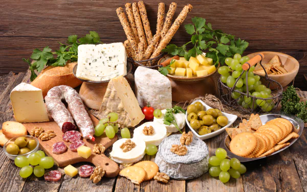 8K Ultra HD PC desktop wallpaper and background still life of food: cheese and salami board with biscuits, crackers, green grapes, olives and herbs on a rustic wooden table.